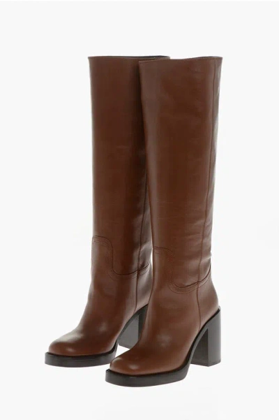 Prada Leather Knee-length Boots Block Heel In Brown
