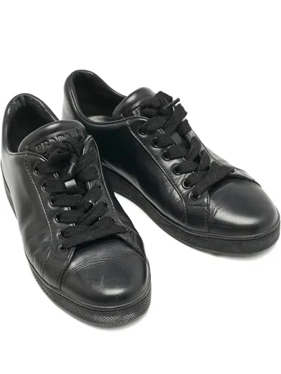 Pre-owned Prada Leather Lace Sneakers In Black