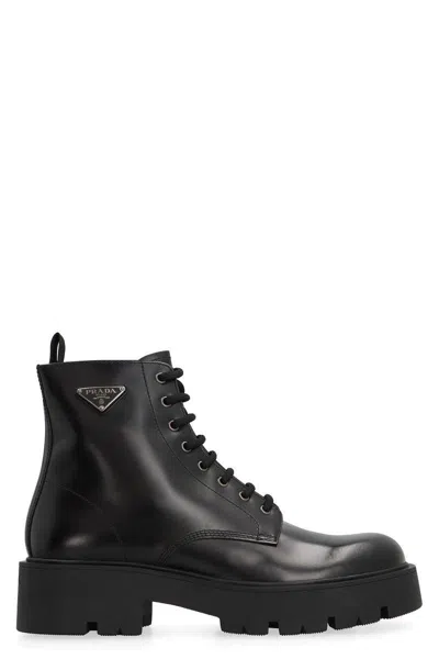 Prada Leather Lace-up Boots In Black
