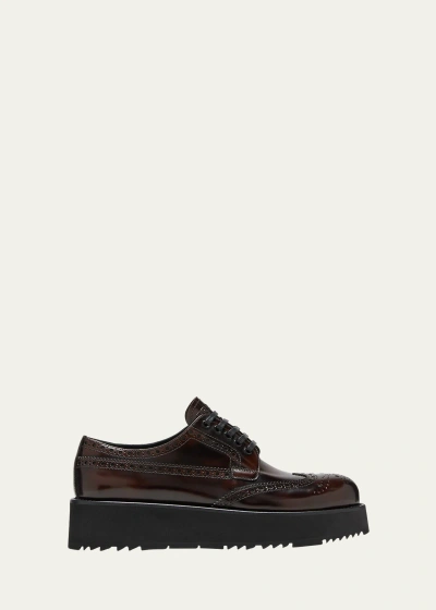 Prada Leather Lace-up Oxford Flatform Loafers In Bruciato