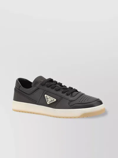 Prada Leather Lace-up Sneakers Triangular Detail In Black