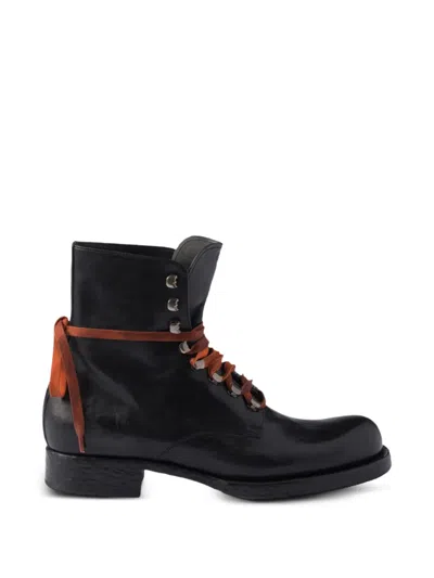 Prada Leather Laced Booties In Black