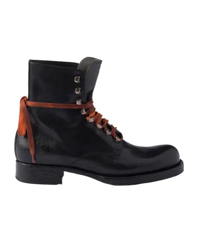Prada Leather Laced Booties In Black