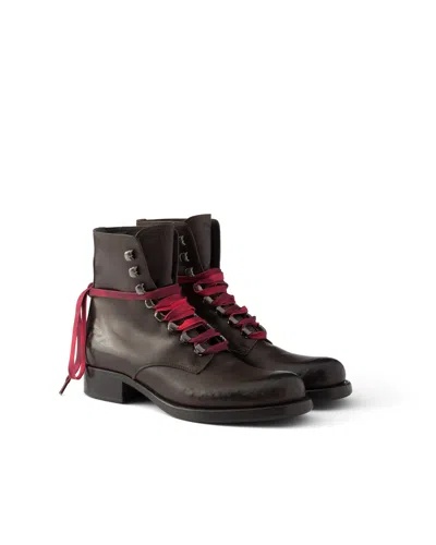 Prada Leather Laced Booties In Teak