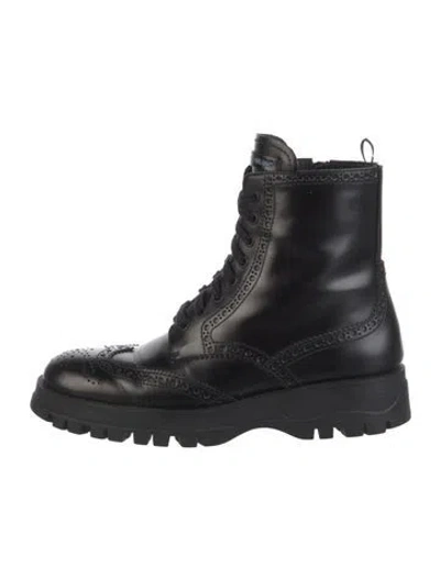 Pre-owned Prada Leather Lasercut Accents Combat Boots In Black