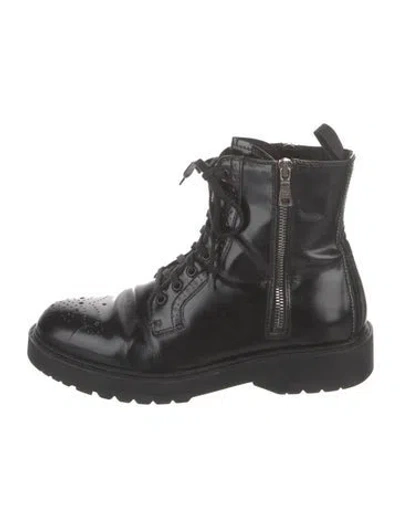 Pre-owned Prada Leather Lasercut Accents Combat Boots In Black