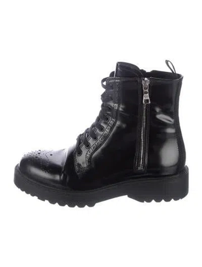 Pre-owned Prada Leather Lasercut Accents Combat Boots In Black