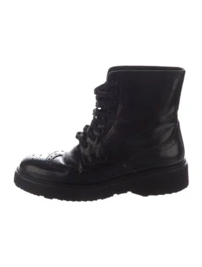 Pre-owned Prada Leather Lasercut Accents Combat Boots In Black