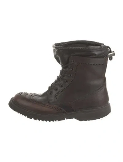 Pre-owned Prada Leather Lasercut Accents Combat Boots In Brown