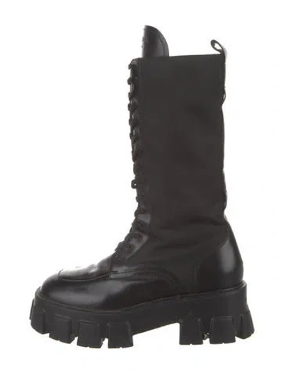Pre-owned Prada Leather Leather Trim Embellishment Combat Boots In Black