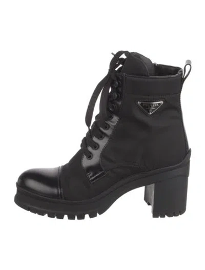 Pre-owned Prada Leather Leather Trim Embellishment Combat Boots In Black