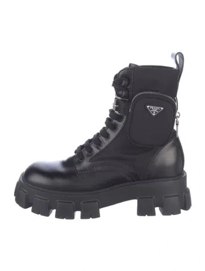 Pre-owned Prada Leather Leather Trim Embellishment Combat Boots In Blue