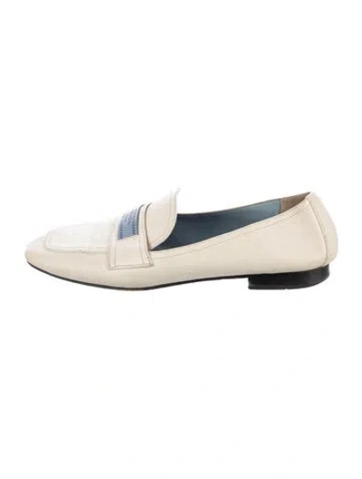 Pre-owned Prada Leather Leather Trim Embellishment Loafers In White