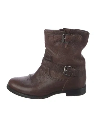 Pre-owned Prada Leather Leather Trim Embellishment Moto Boots In Brown