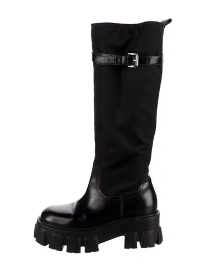 Pre-owned Prada Leather Leather Trim Embellishment Rain Boots In Black