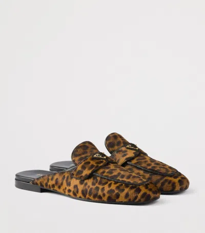 Prada Leather Leopard Logo Mules In Brown