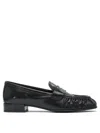 Prada Rounded Toe Loafers With Textured Detailing And Low Block Heel In Black