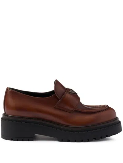 Prada Logo-plaque Brushed-effect Loafers In Brown