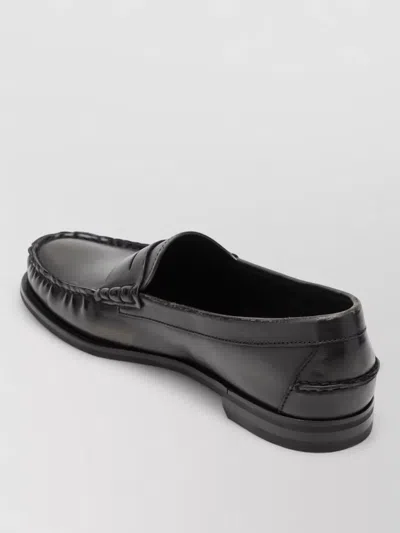 Prada Leather Loafers Moccasin Stitching Round Toe In Black
