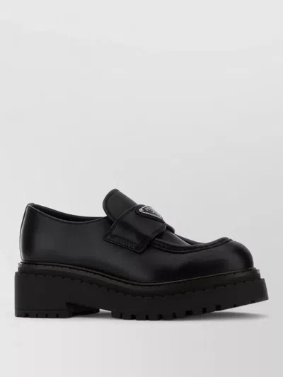 Prada Leather Loafers Round Toe Chunky Sole In Black