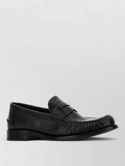 Prada Leather Loafers Round Toe Stitch Detailing In Black