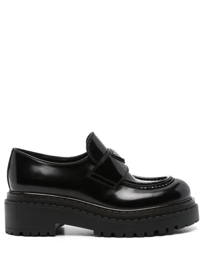 Prada Chocolate Leather Loafers In Black