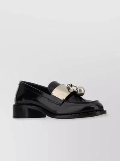 Prada Leather Loafers With Block Heel And Metallic Detail In Black