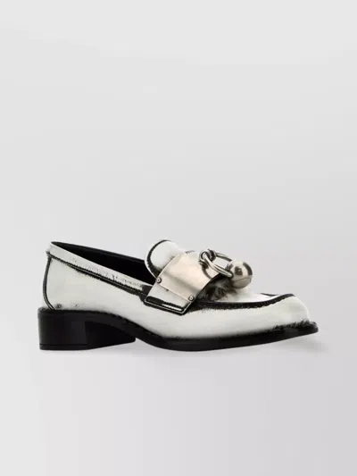 Prada Leather Loafers With Block Heel And Metallic Finish In Silver