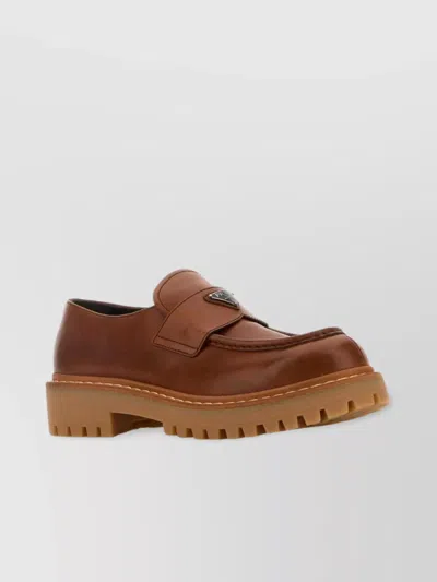 Prada Leather Loafers With Chunky Sole And Round Toe In Tan