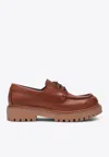 Prada Leather Loafers With Embossed-logo In Brown