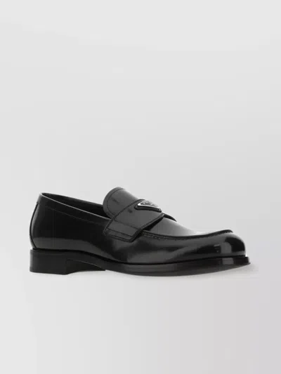Prada Leather Loafers With Iconic Metal Logo In Gray