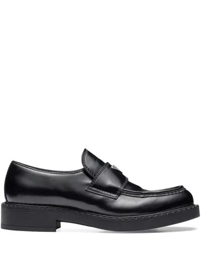 Prada Triangle Logo Brushed Leather Loafers In Black