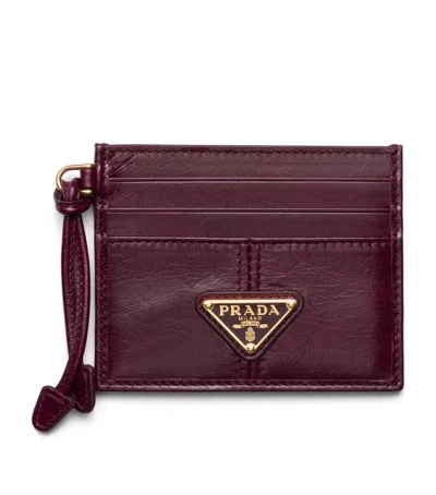 Prada Leather Logo Card Holder In Purple