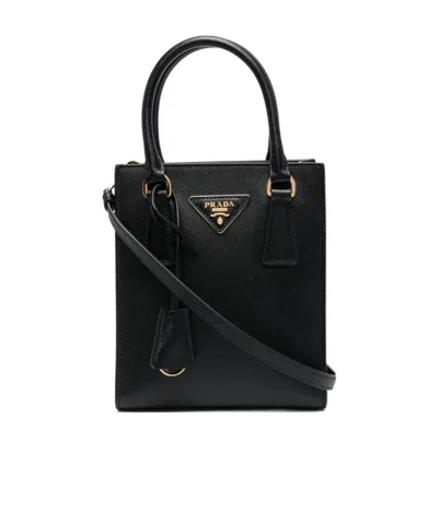 Prada Leather Logo Handbag In Nero