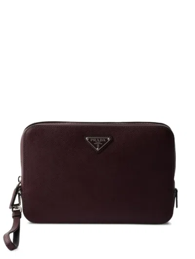 Prada Mens Burgundy Logo-plaque Saffiano-leather Clutch