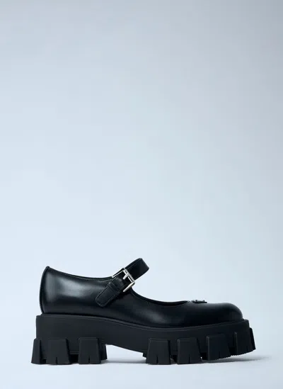 Prada Leather Logo Plaque Platform Flats In Black