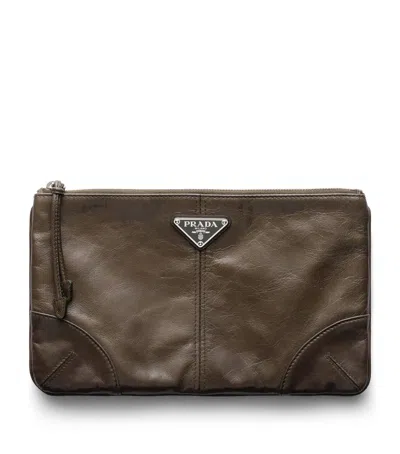 Prada Mens Green Leather Logo-embellished Leather Pouch In Brown