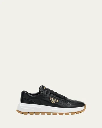 Prada Leather Logo Runner Sneakers In Black