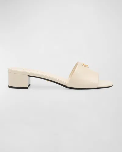 Prada Leather Logo Slide Sandals In Avorio