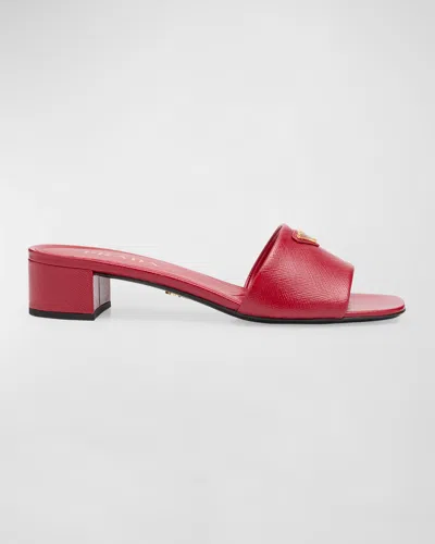 Prada Leather Logo Slide Sandals In Cherry