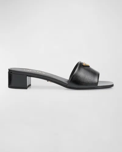 Prada Leather Logo Slide Sandals In Nero