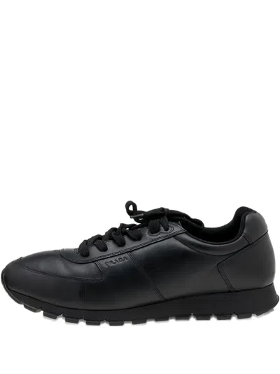 Pre-owned Prada Leather Logo Sneakers In Black