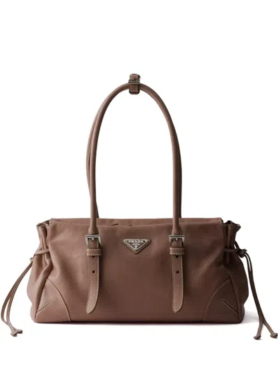 Prada Leather Logo Tote Bag In Brown