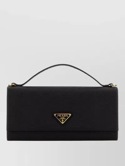 Prada Leather Long Wallet Top Handle Detail In Black
