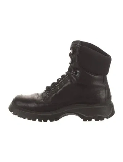 Pre-owned Prada Leather Mesh Accents Combat Boots In Black