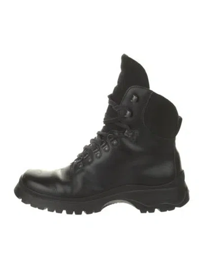 Pre-owned Prada Leather Mesh Accents Combat Boots In Black