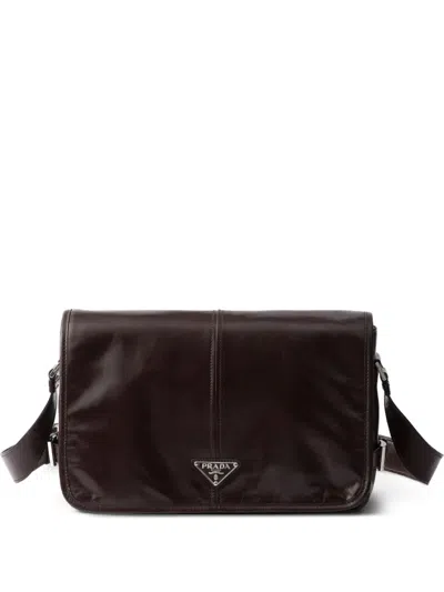 Prada Leather Messenger Bag In Brown