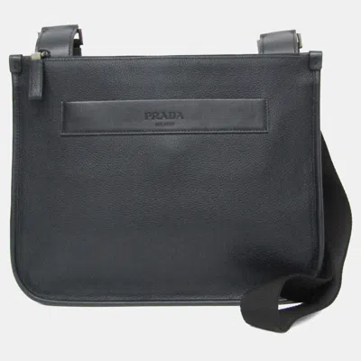 Pre-owned Prada Leather Messenger Bag Shoulder Bag Black Dark Navy In Blue