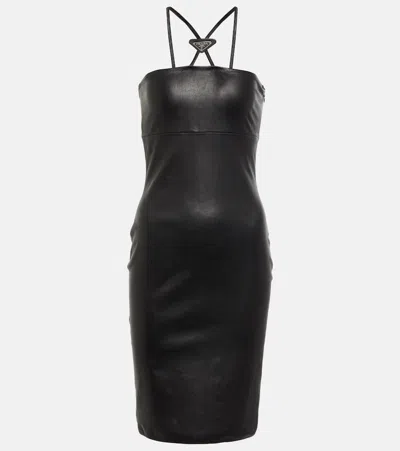 Prada Logo Plaque Halter Leather Dress In Black