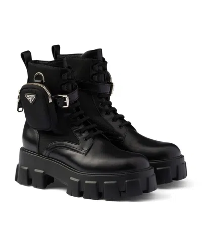 PRADA LEATHER MONOLITH BOOTS WITH POUCH 55